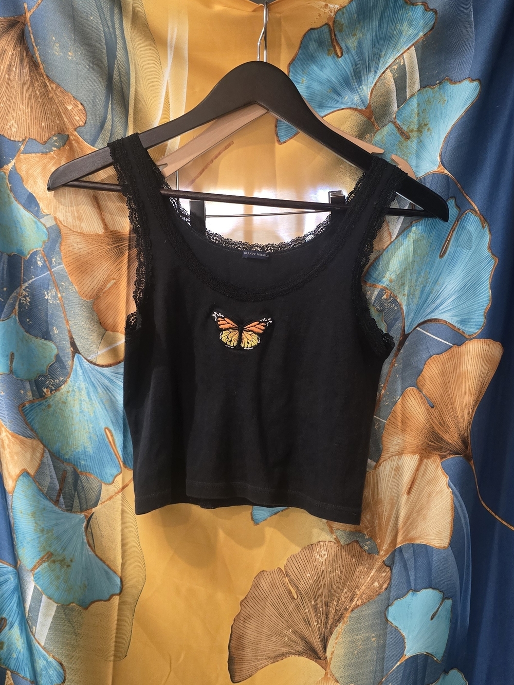 Brandy Melville Black Crop Tank with Orange Butterfly